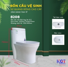 Bồn Cầu 1 Khối, Nắp Đóng Êm Men Sứ Nano Chống Bám 8208
