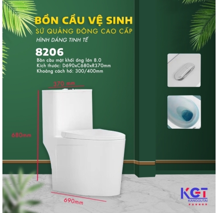 Bồn Cầu 1 Khối, Nắp Đóng Êm Men Sứ Nano Chống Bám 8206