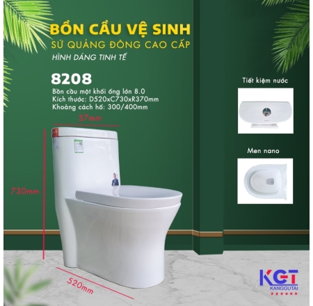 Bồn Cầu 1 Khối, Nắp Đóng Êm Men Sứ Nano Chống Bám 8208