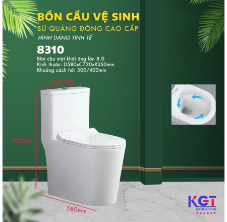 Bồn Cầu Một Khối Xả Xoáy, Men Phủ Nano Cao Cấp 8310